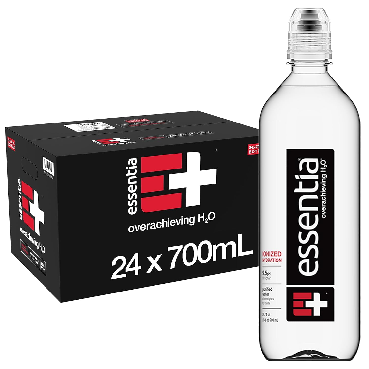 Essentia Bottled Water, Ionized Alkaline Water; 99.9% Pure, Infused with Electrolytes, 9.5 pH or Higher with a Clean, Smooth Taste, 23.67 Fl Oz (Pack of 24)