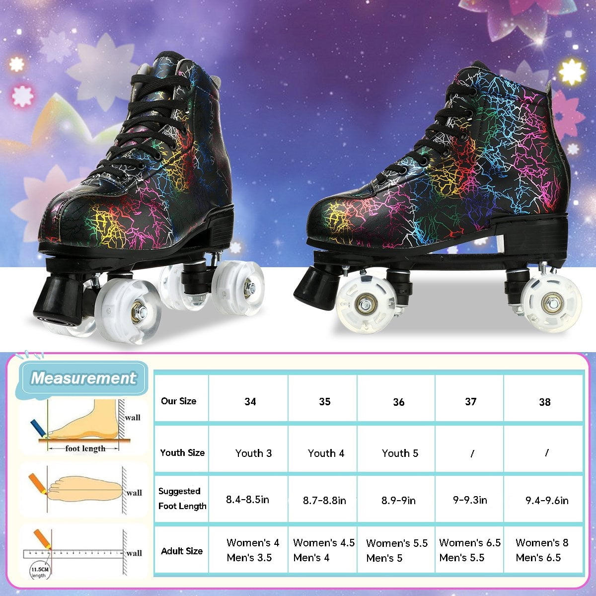 EONROACOO Boys Girls Roller Skates for Kids Teen, Light up Black Double Row Skates(Youth 4/Women's 4.5/Men 4)