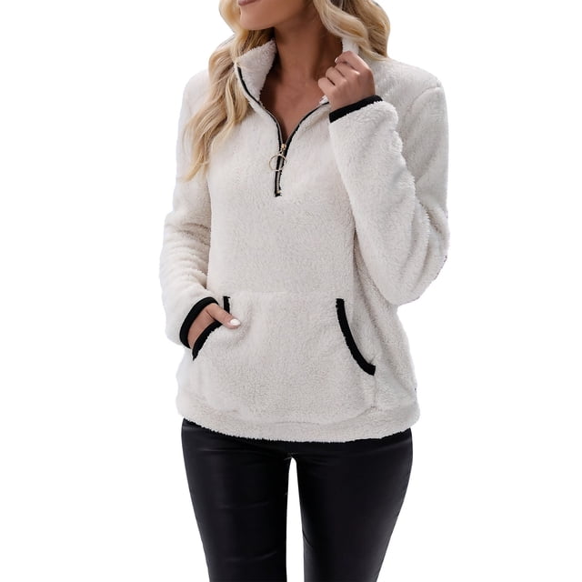Women Winter Color Pullover Zipper Wool Loose Tops with Pockets