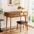 thumbnail image 3 of Miekor 43.3" Classic Wood Makeup Vanity Set with Flip-top Mirror and Stool, Dressing Table with Three Drawers and storage space, Brown G9949, 3 of 16