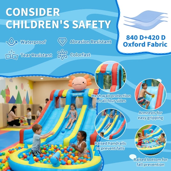 Dragon Themed Hexagonal Inflatable Water Slide Bounce House, Dual Slide Splash Pool Powerful Blower Outdoor Backyard Toddler Play House