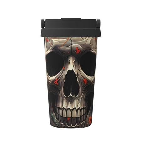 

Xecao Vintage Butterfly Flower Skull Pattern Insulated Coffee Mug with Handle & Flip Thermos Mug Water Bottle Coffee Tumbler Cup