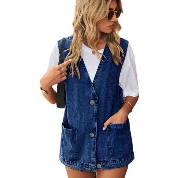 LYMAYTER Women Casual Oversized Denim Vest V-Neck Button Down Sleeveless Jean Vest Jacket