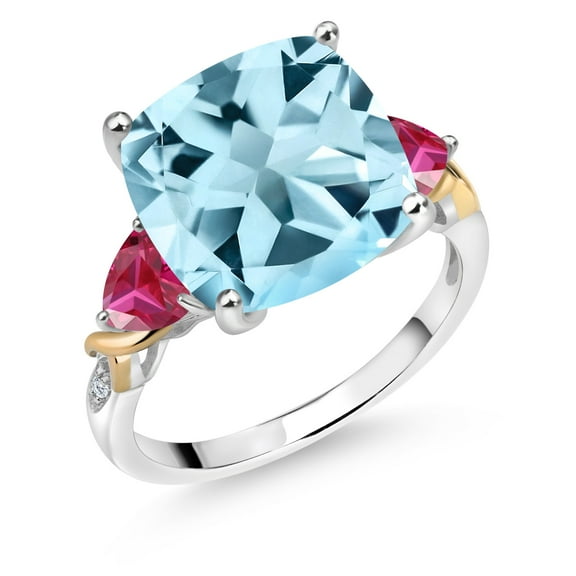 Gem Stone King 925 Silver and 10K Yellow Sky Blue Topaz and Red Created Ruby and Diamond Ring for Women (9.72 Cttw, 12MM Cushion and 5mm Trillion) (Size 6)