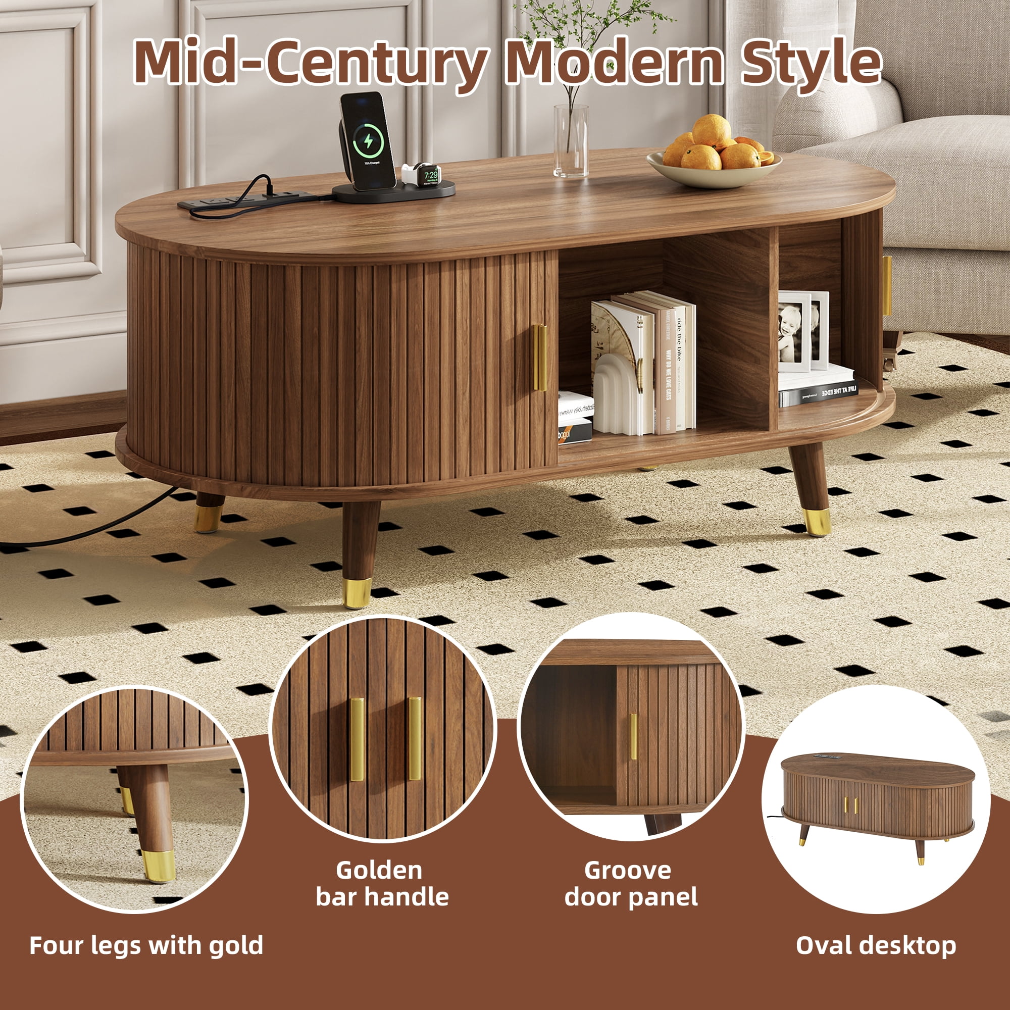 Euroco Mid-Century Modern Living Room Set with Coffee Table & TV Stand for TVs up to 80", Fluted Tambour Sliding Doors, Charging Stations with USB & AC Outlets, Solid Wood Legs，Walnut