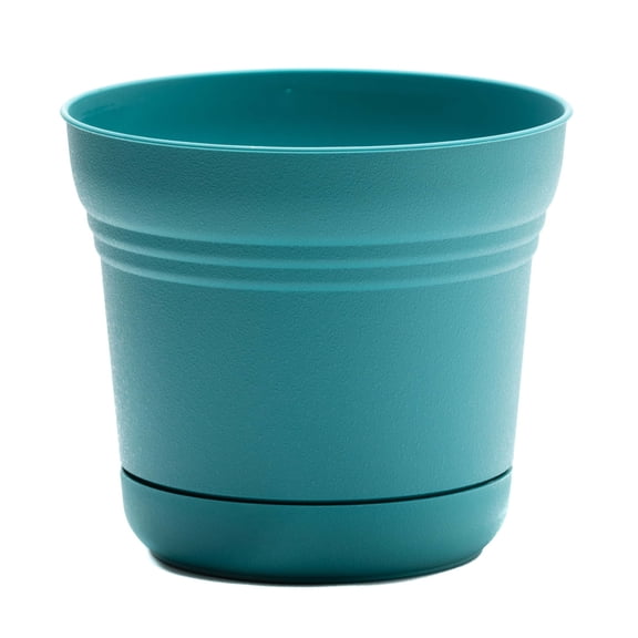 Bloem Saturn 12" Round Resin Planter with Snap-in Saucer for Indoor and Outdoor Gardening, Bermuda Teal