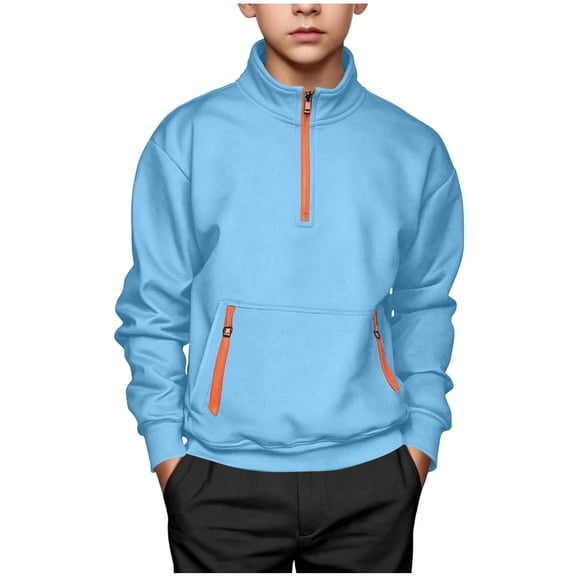 HBGVBA Boys Fleece Sweatshirt,Solid Color Half Zip Stand Collar Lined Pullover Top Loose Casual Thick Warm Long Sleeve 5-15 Years