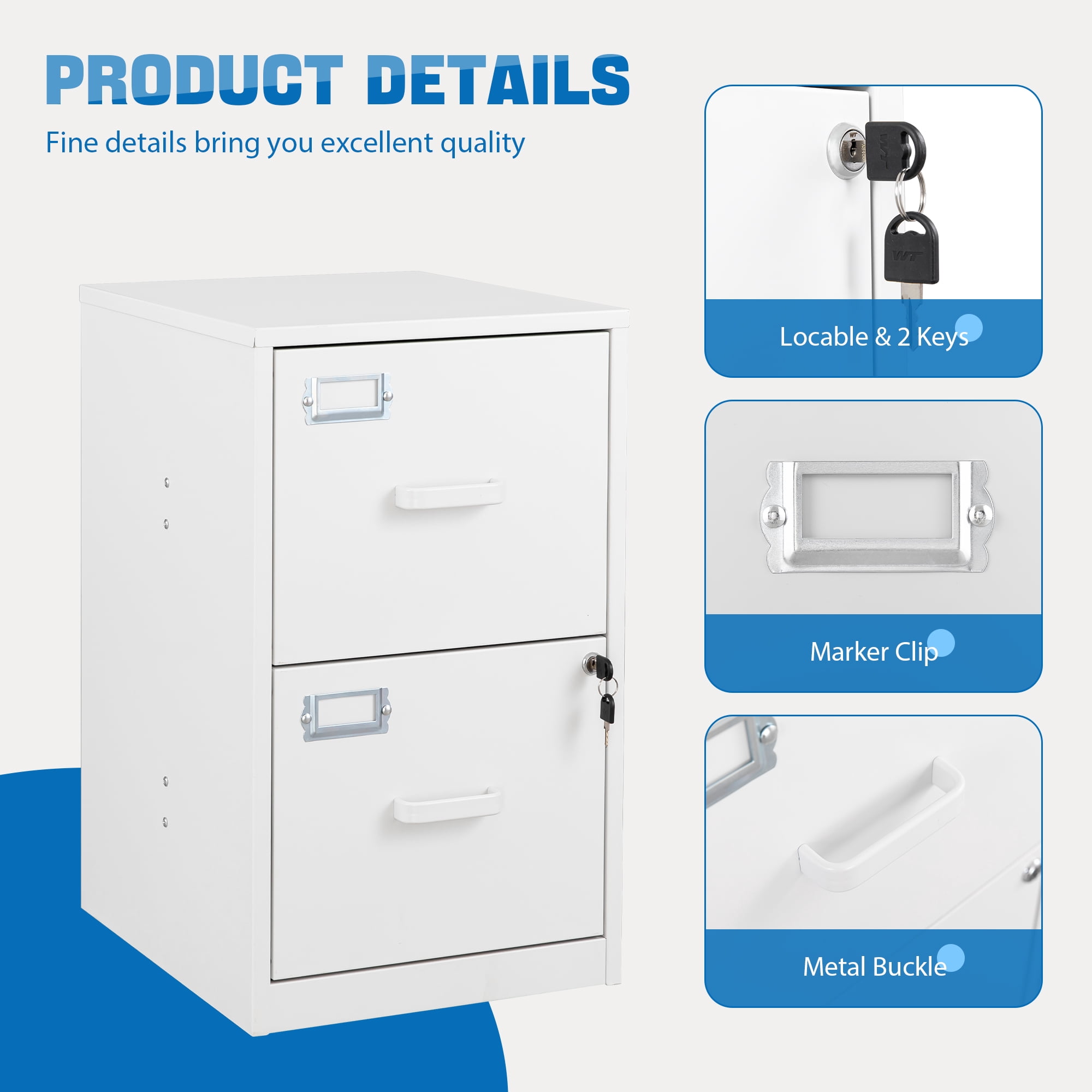 Fesbos 2 Drawer File Cabinet with Lock,Metal Office Filing Cabinets for Home Office,Storage A4/F4/Letter, Easy Assemble (White）