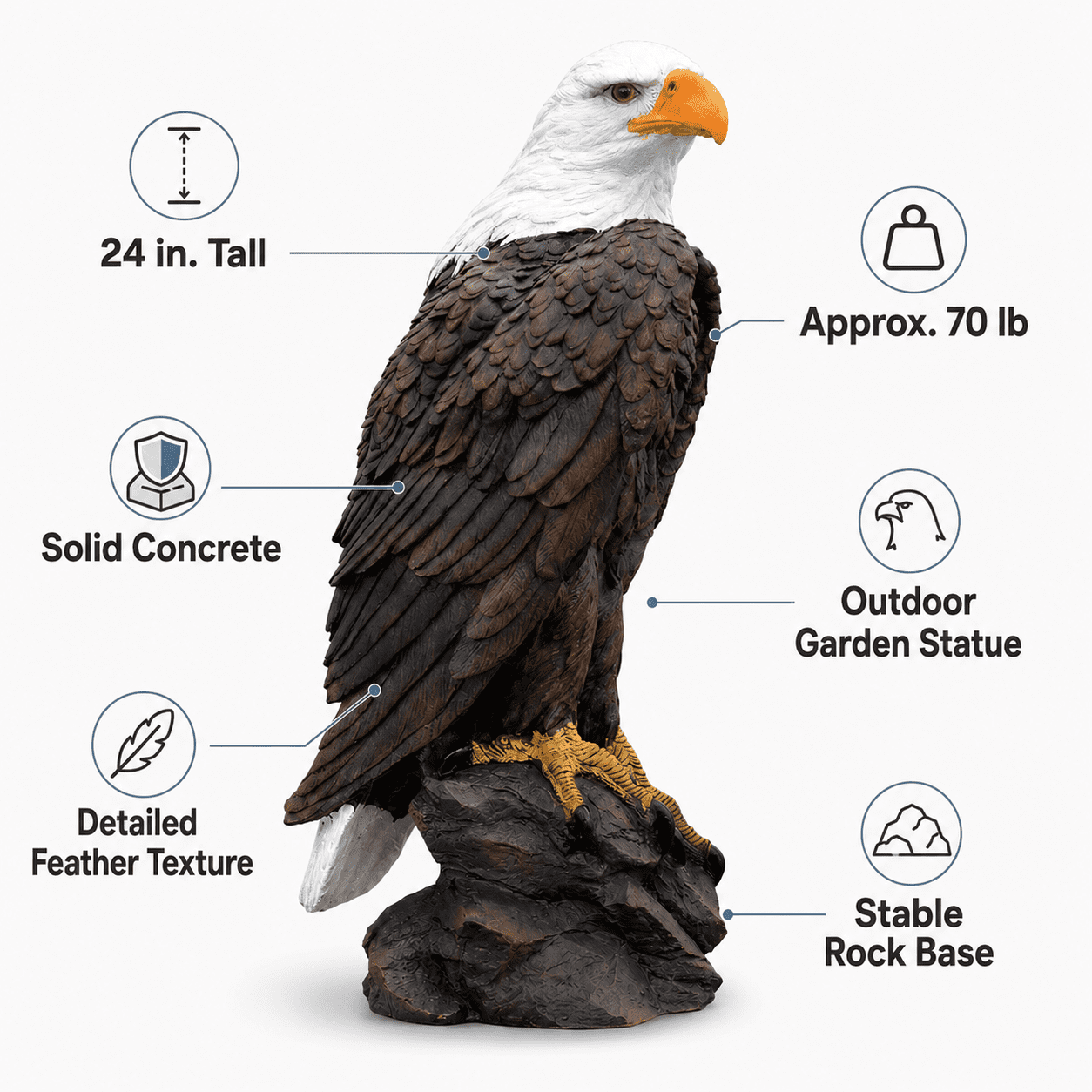 Ur Home Decor LLC 24" Solid Concrete Bald Eagle Garden Statue, 70 lb Outdoor Patriotic Yard Decor