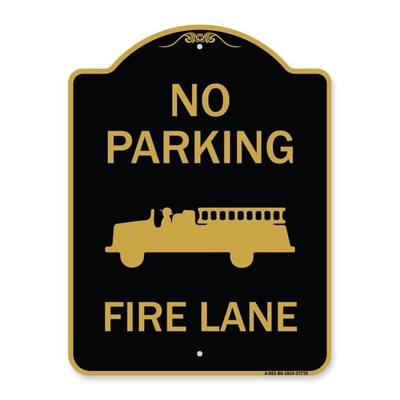 SignMission  18 x 24 in. Designer Series Sign - No Parking Fire Lane with Fire Truck Symbol, Black & Gold
