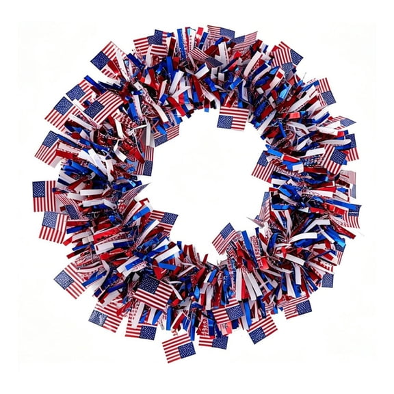 Hyknon Patriotic Shiny Metallic Tinsel Wreath Decor, 4th of July Red White Blue Independence Day Festive Display Wreaths, US Flag 250th Anniversary Decor Wreath for Front Door Porch Memorial Day
