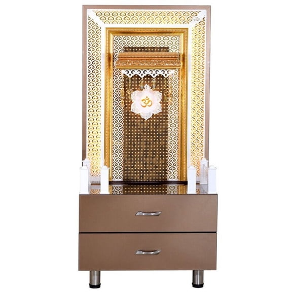 Rose gold Wooden Temple For Home With LED Lights For Home And Office / Wooden Designer Mandir With Cabinets / Pooja Mandir For Home Large