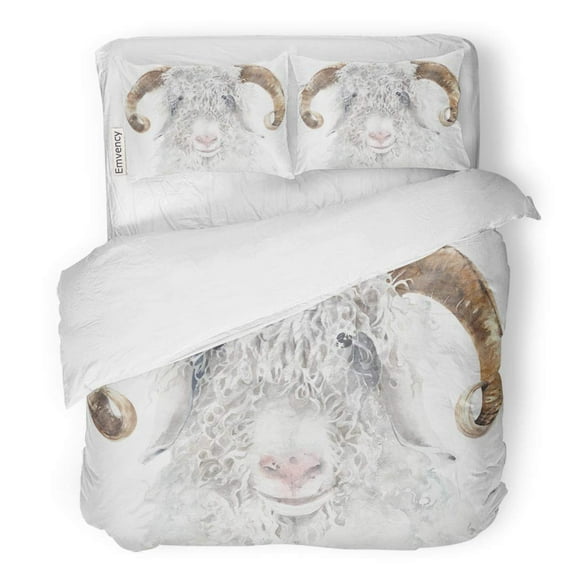 RYLABLUE 3 Piece Bedding Set Artistic Goat Angora Breed Farm Wool Portrait Watercolor Painting Beautiful Twin Size Duvet Cover with 2 Pillowcase for Home Bedding Room Decoration