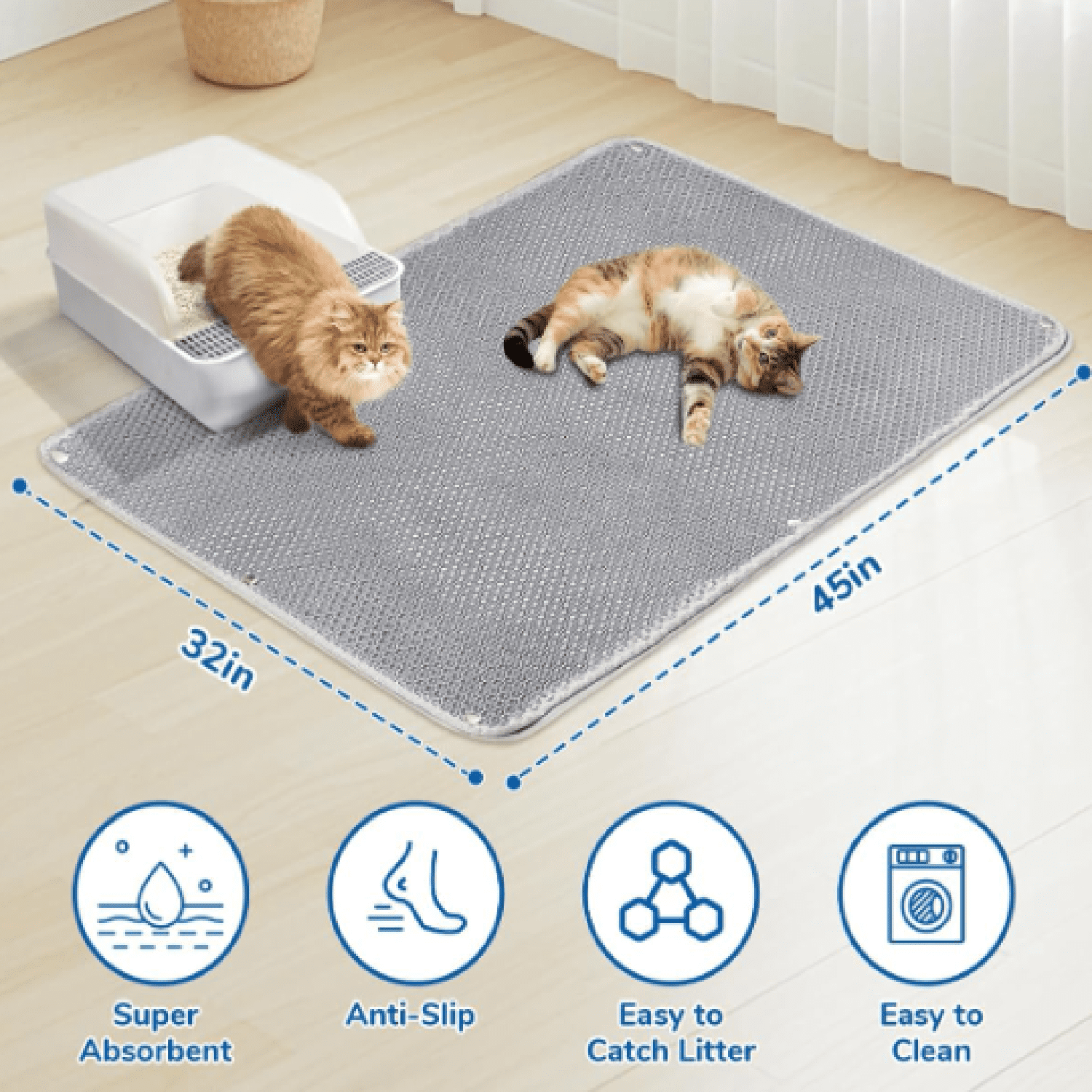 45x32 Extra Large Cat Litter Mat Honeycomb Double Layer Kitty Litter Trapping Mat Urine Proof Waterproof Easy Clean Machine Washable NonSlip Scatter ControlGrey