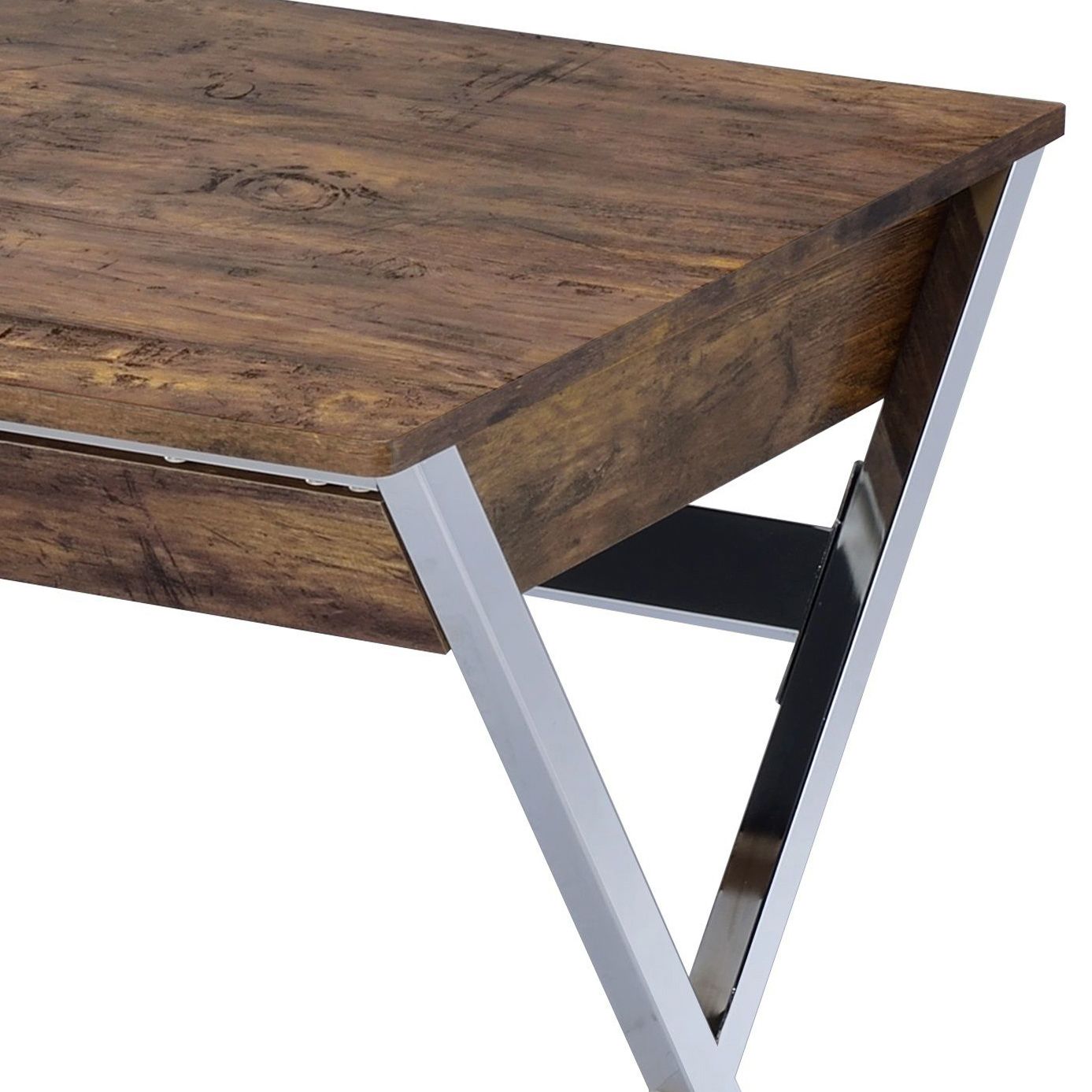 Writing Desk with 2 Drawers, Weathered Oak Wood Top and X-Shaped Metal Legs, 36.5 in Rectangular Home Office Desk