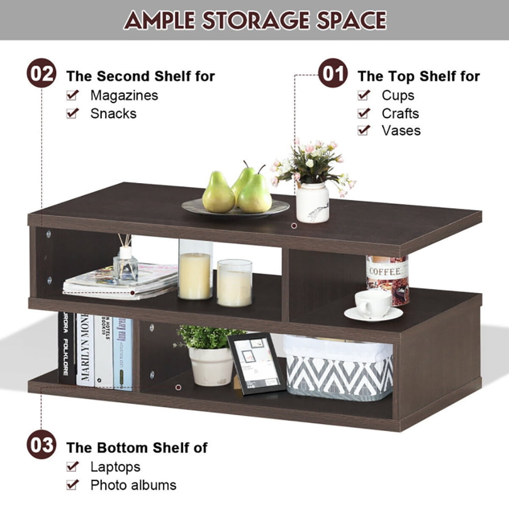 Finihen Rectangular Coffee Table, 3-Tier Rectangular Modern Coffee Table with Storage Shelf, for Living Room, Reception Room, Office, Brown Finihen Rectangular Coffee Table, 3-Tier Rectangular Modern Coffee Table with Storage Shelf, for Living Room, Reception Room, Office, Brown