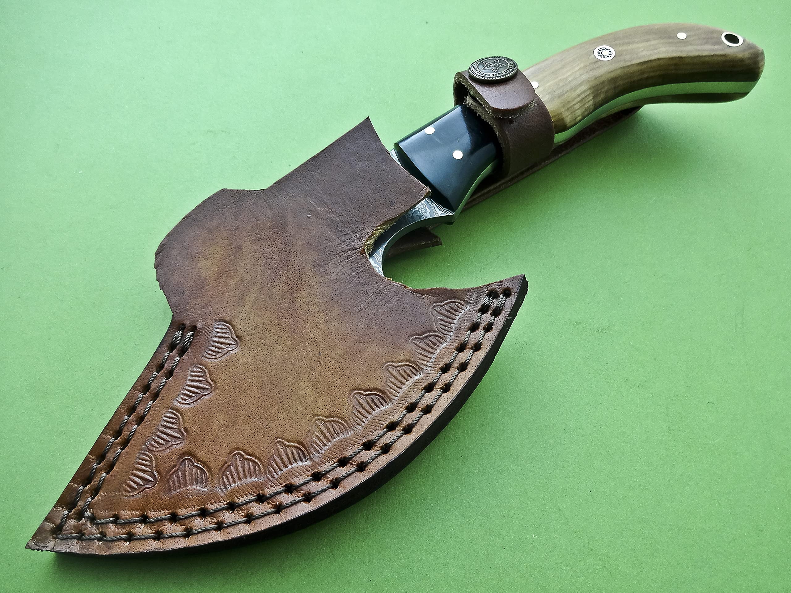 Poshland AX-45 Custom Handmade Damascus Steel 9 Inches Axe - Exotic Wood and Bull Horn Handle