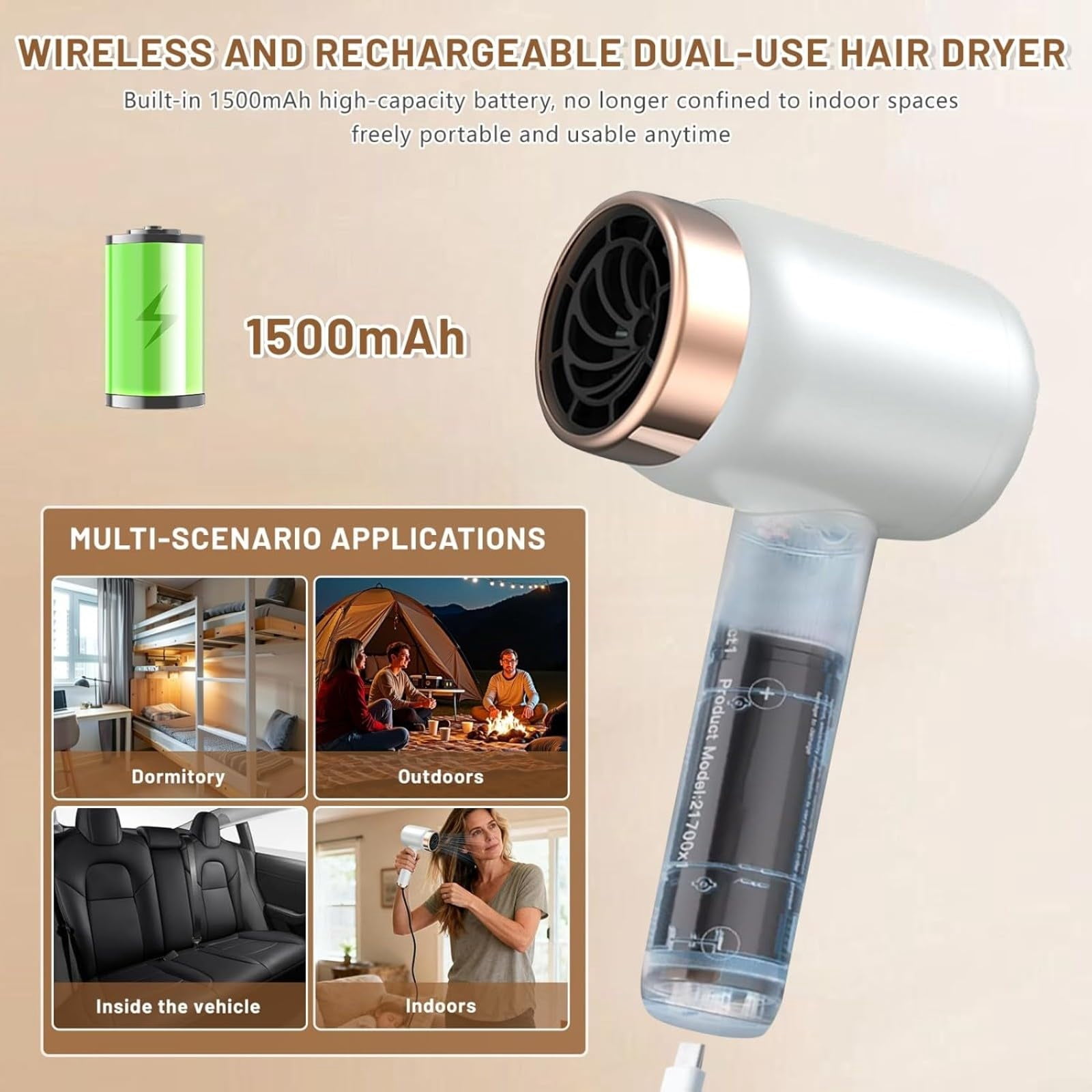 Cordless Rechargeable Hair Dryer With 3 Speeds And Heat Settings Portable Wireless Blow Dryer For Travel Home Gift, B