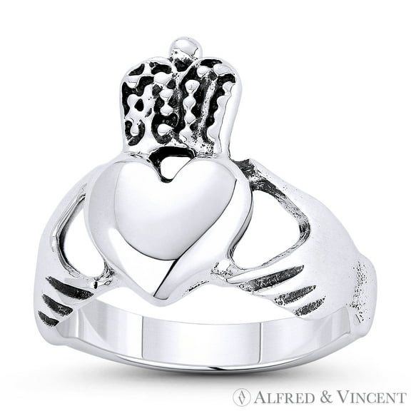 Irish Claddagh Hands & Heart Charm 3-16mm Love & Friendship Promise Ring in Oxidized .925 Sterling Silver