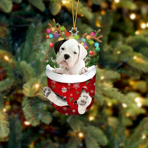 Acrylic 2D FLAT - WHITE Boxer In Snow Pocket Christmas Ornament Flat Acrylic Dog Ornament - Holiday Tree Decoration
