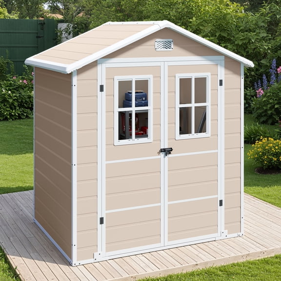 Dextrus 6x4.4ft Plastic Outdoor Storage Shed, Double-Wall Garden Tool Shed with 2 Windows & Lockable Door, Weatherproof Outside Storage Cabinet for Patio Backyard Lawn, Beige