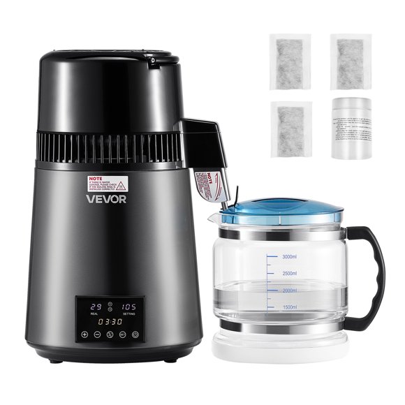 VEVOR Water Distiller, 4L 1.1 Gallon Pure Water Purifier Filter For Home Table Countertop, 1750W Distilled Maker with Glass Pot, Stainless Steel Interior Drinking Machine to Make Clean Waters, Grey