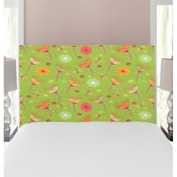 Dragonfly Headboard, Bluebell Flower Motifs with Peony Funky Fashioned Boho Retro Pattern Print, Upholstered Decorative Metal Bed Headboard with Memory Foam, Twin Size, Green Pink, by Ambesonne