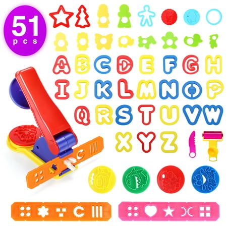 Ucradle Play Dough Tools - 51 Pcs Playdough Sets For Kids, Playdough Tools and Cutters Sets For Kids Making Noodles Plasticine Clay Extruders/Uppercase Letter/Mould Creation Educational Toy Gift Set
