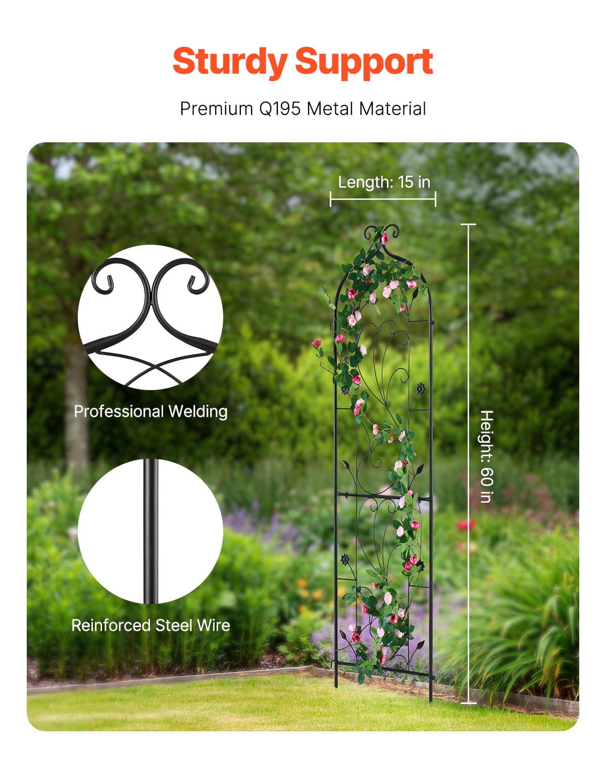 VEVOR Garden Trellis for Climbing Plants, 60 x 15 in, Rustproof Metal Garden Flower Trellis, Outdoor Climbing Rose Trellis Cucumbers Support, Decorative Tall Clematis Trellis for Courtyards Lawns
