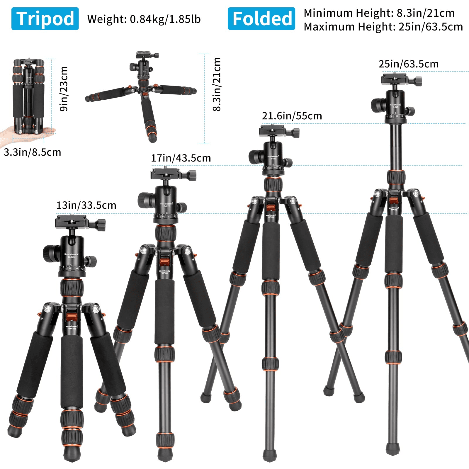 Koolehaoda Portable Mini Tripod Aluminum Alloy Tabletop Tripod 25inch with 360 Degree Ball Head, 1/4 inch Quick Shoe Plate for DSLR Camera Video Camcorder TMP-223 Orange