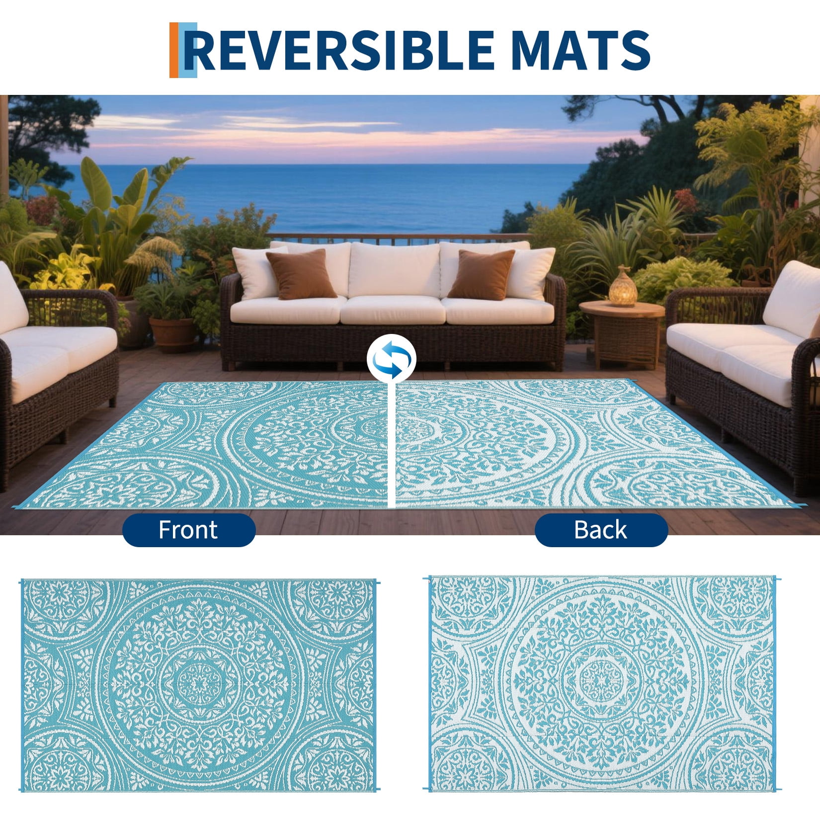 Garvee 8'x10' Waterproof Outdoor Rug Floral Reversible Outdoor Carpet, Plastic Straw Rug Portable RV Picnic Camping Mat for Garden Backyard Deck Balcony, Light Blue