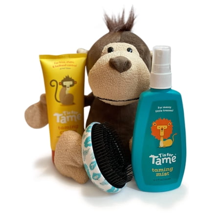 T is for Tame 4-in-1 Baby Hair Gift Set with Detangling Spray, Taming Cream, Brush, and Plush Monkey