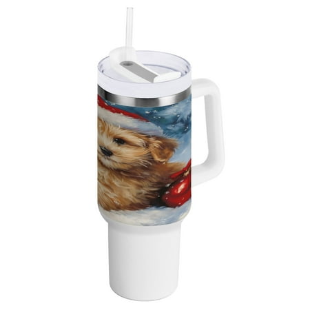 

40 Oz Car Handle Water Bottle 10.8x3.85 Inch Handle And Straw Travel Water Bottle Reusable Stainless Steel Water Bottle Golden Christmas Puppy