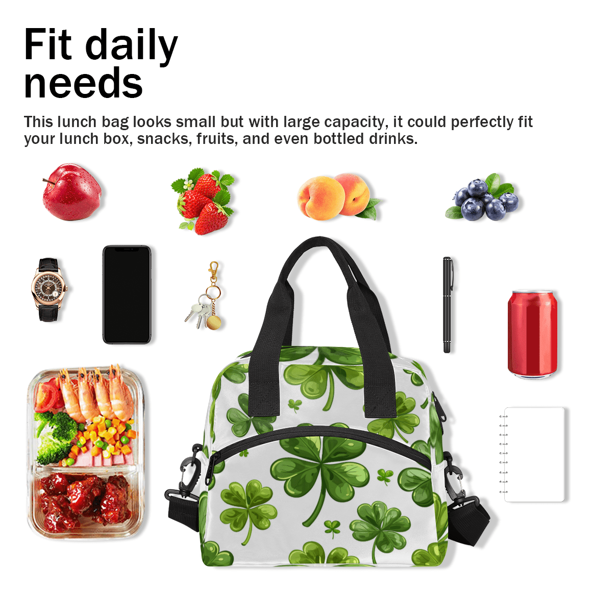 Herdesigns Clover Insulated Lunch Bag for Women Men Adults Large Reusable Lunch Box St Patrick's Day Shamrock Leakproof Cooler Tote Bags with Adjustable Shoulder Strap