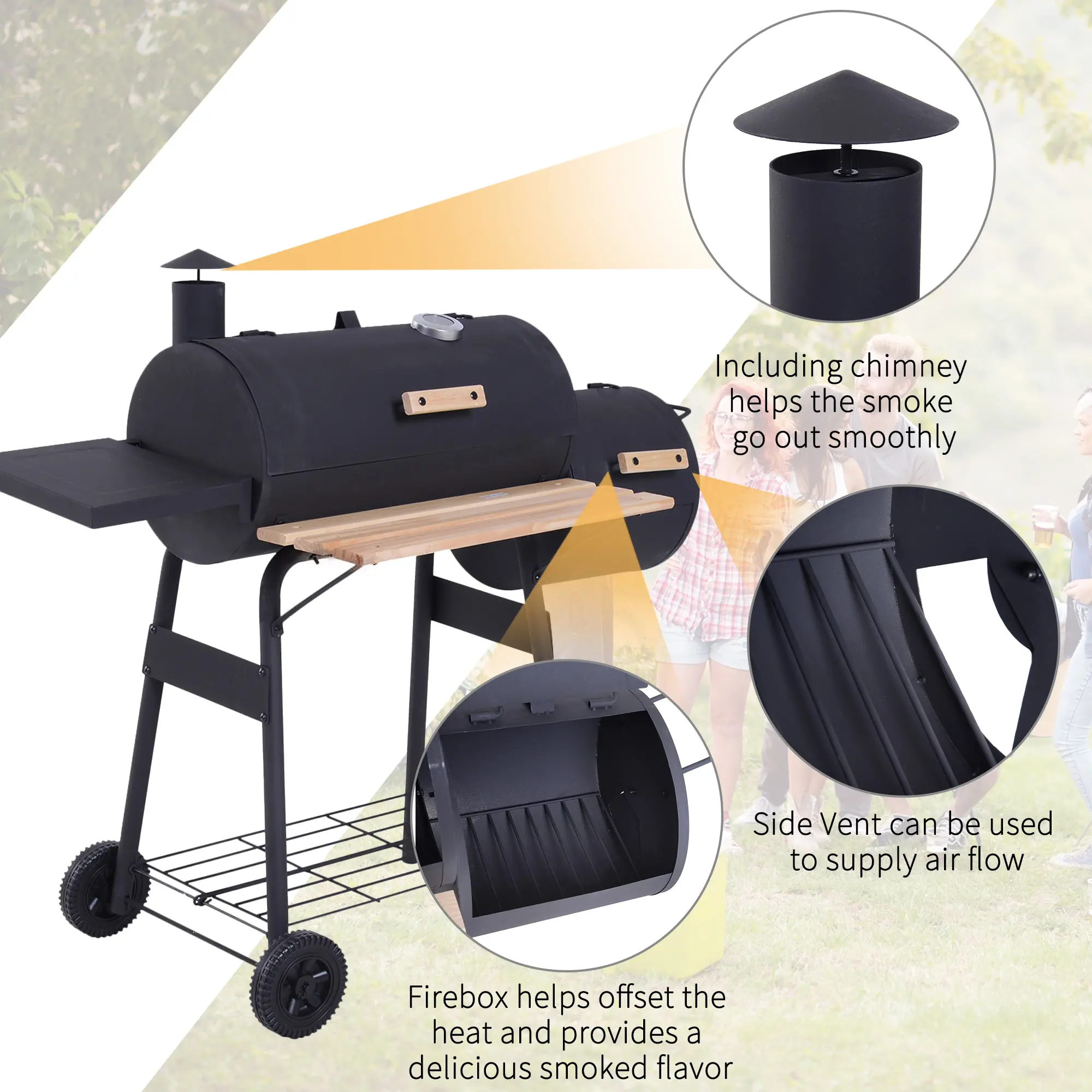 Portable Charcoal BBQ Grill with Wheels, Shelves & Thermometer, Black