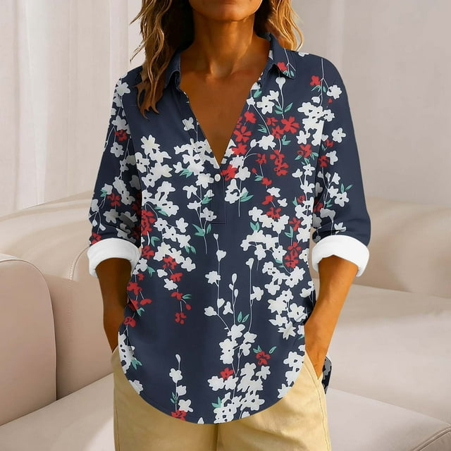 Uootdi Boho Long Sleeve Shirts for Women V Neck Button Down T Shirts Casual Loose Fit Floral Print Basic Tops Tees Blouses Gift