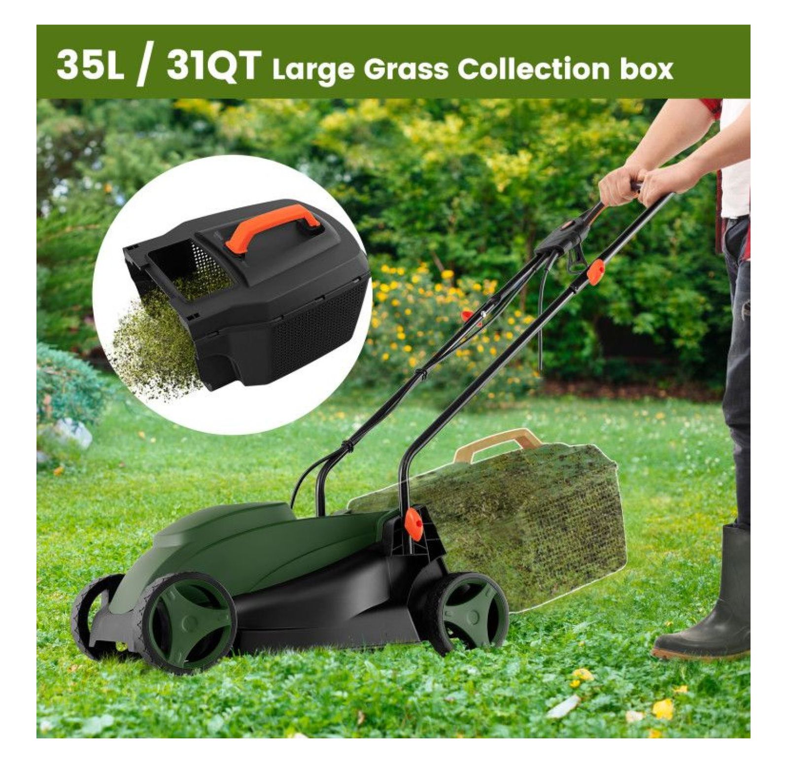 Electric Lawn Mower 13.5 Inch, 15A Corded Mower with 9 Gal Collection Box, 3-Position Height Adjustment, Foldable Handle, Lightweight Lawn Mower