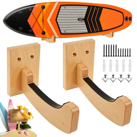 2 Pcs Wood Surfboard Wall Mount Rack Wall Mounted Surfboard Hanger for Longboards Shortboards Skateboards Snowboards Skiing Boards
