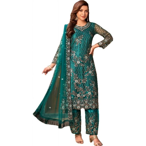 Eid Ramadan Special Pakistani Salwar Kameez Suits Indian Trouser Pant Dress ( Teal Blue, 5XL - 52 )
