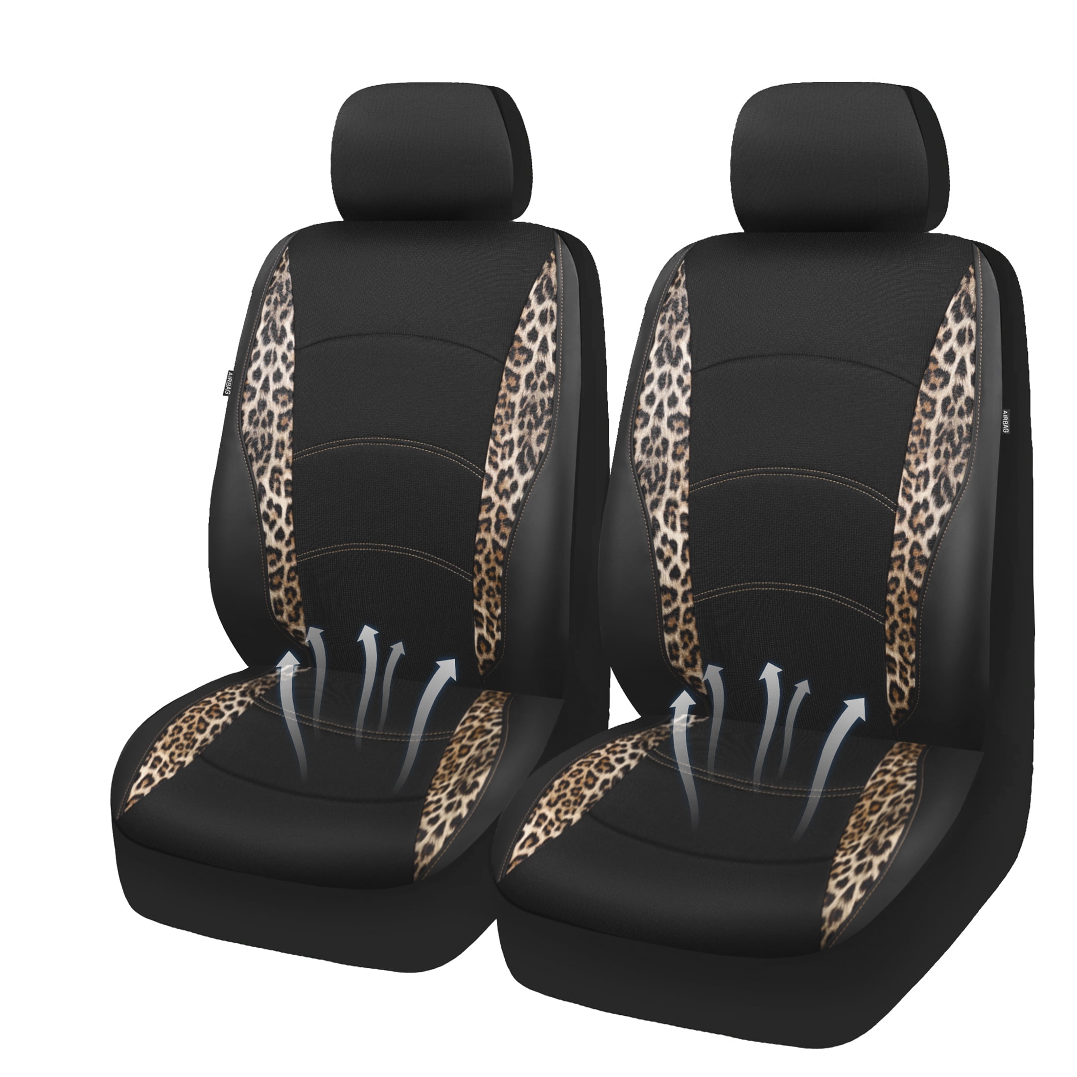 Auto Drive Leopard Leatherette & Black Waffle Fabric Front Car Seat Cover, Universal Fit for Cars Trucks and Suvs,2 pack