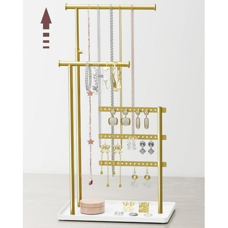 NIFFGAFF Jewelry Holder Organizer Stand - Adjustable Tall 17.5" (Max), Sturdy Jewelry Hanger for Necklaces, Earrings, Bracelets, Rings, Jewlery Display and Storage, Gold