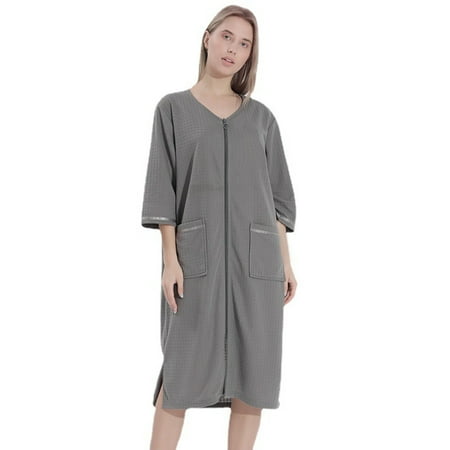 

Baywell Women s Zipper Front House Coat Short Sleeves Waffle Robe Mid-Length Zip up Bathrobes Soft Dress Gown Lightweight V Neck Side Slit Nightgown with Pockets M-3XL
