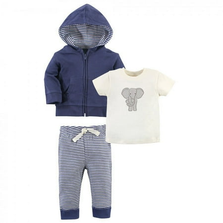 Touched by Nature Baby and Toddler Unisex Organic Cotton Hoodie, Bodysuit or Tee Top, and Pant, Stripe Elephant Toddler, 4 Toddler