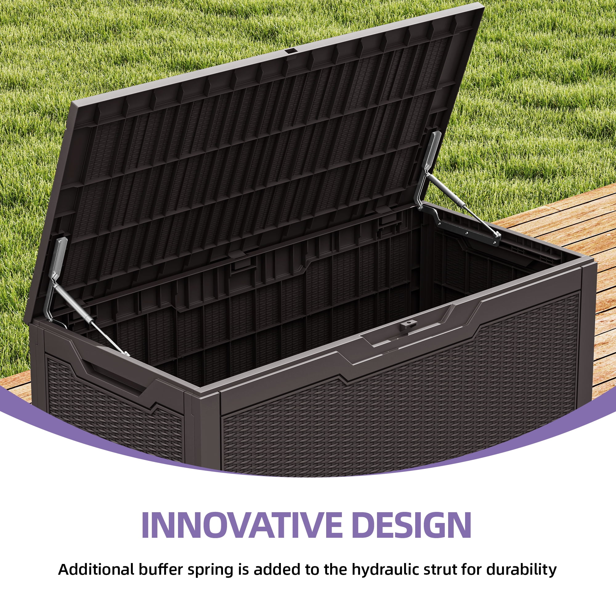 Uforic 100 gallon resin deck box. Outdoor waterproof storage box. Lockable. Dark brown.