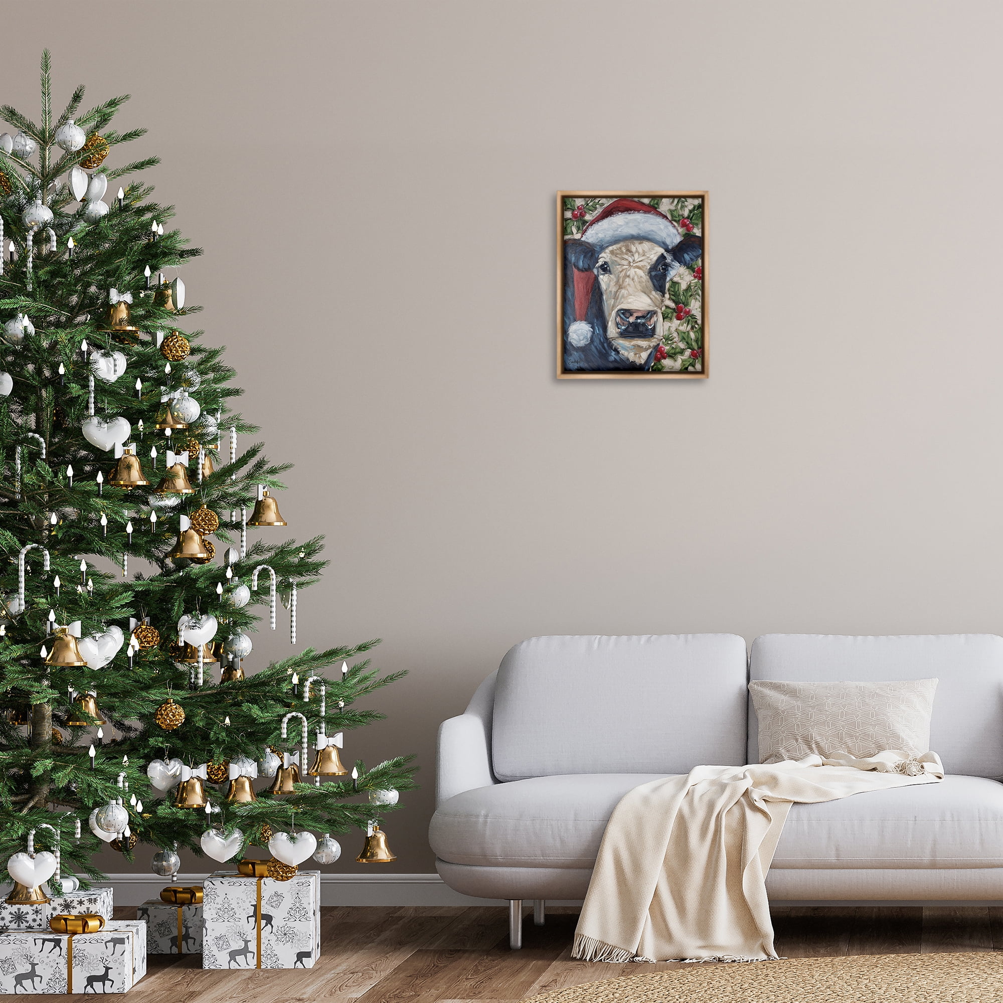 Stupell Industries Cow with Festive Holly Holiday Painting Brown Floater Framed Art Print Wall Art, 17 x 21