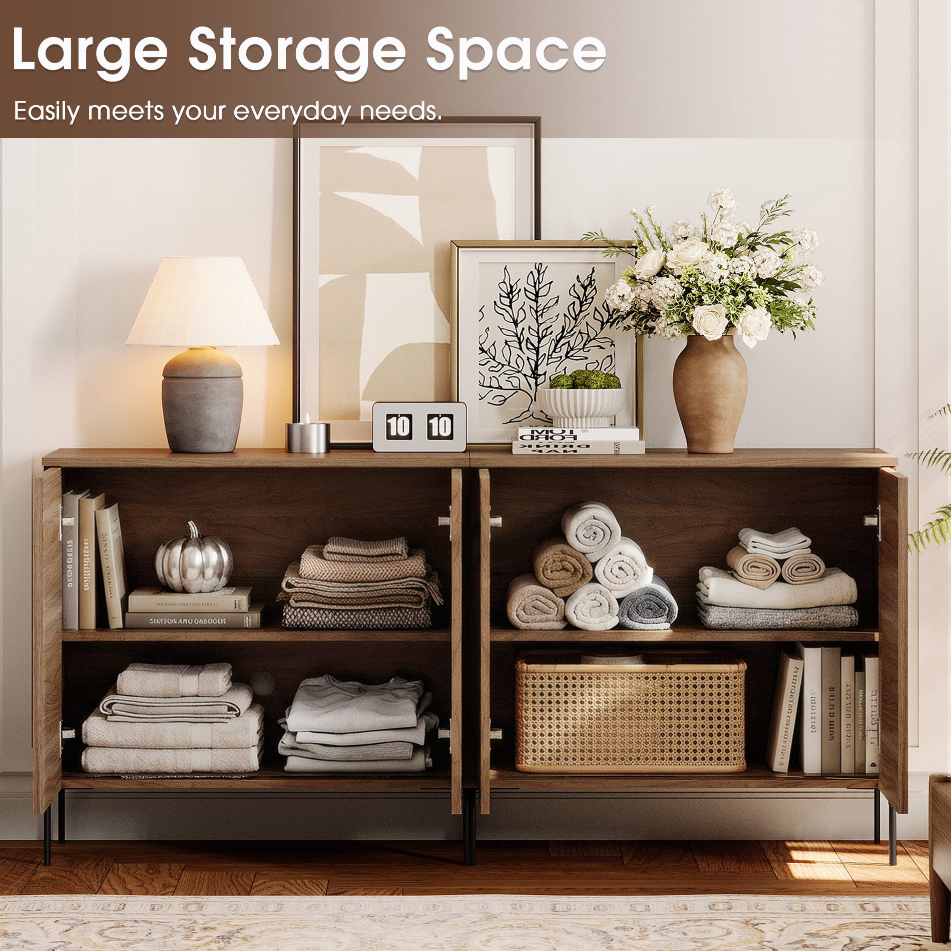 63" Reeded Accent Cabinet Set with Adjustable Shelves, Modern Credenza Storage Cabinet with Doors for Living Room, Kitchen, Dining Room, Hallway