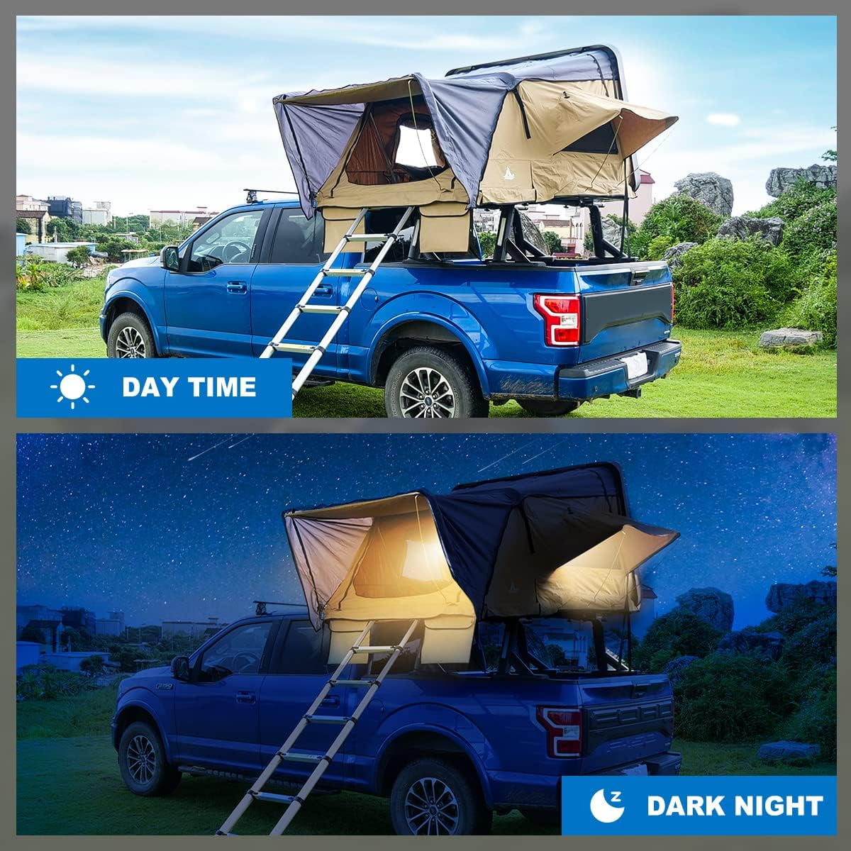 WOLFSTORM Universal HardShell Roof Top Tent Outdoor Camping Rooftop Tent Waterproof Tent with Ladder and Sunroof Off-Road Tent for 2-3 Adults Fit Truck SUV Camping