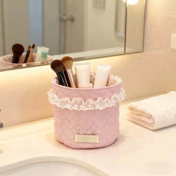 CuiLiyq Fabric Desktop Storage Basket for Organizing Small Items, Quilted Pink Fabric with Lace Trim, Polka Dot Interior Lining, Decorative Storage Basket, Portable Make Up Organizer Bag, Pink