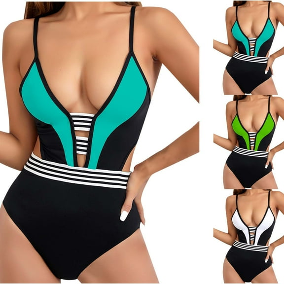 UTSJKR Ladies Sexy Low Cut Tie Knot Color Block Swimwear for Women Slip Deep V Neck Backless 2025 Fashion Blue 8-10