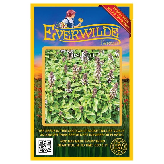 Everwilde Farms - 2000 Thai Basil Herb Seeds - Gold Vault Jumbo Bulk Seed Packet